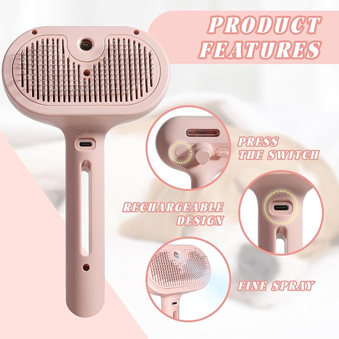 Self-Cleaning Spray Cat Brush for Shedding, Removes Static Flying Hair, and Works Wonders for Both Long and Short-Haired Pets 2 In 1 Cleaning Brush for Cats And Dogs Grooming (pink)-Mewly Pet