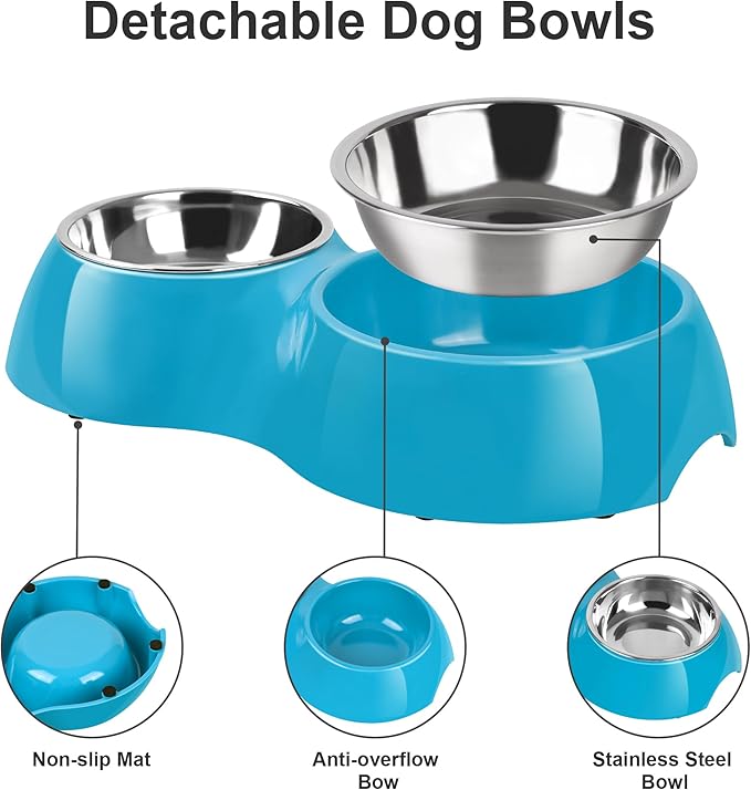 Elevated Dog Bowls Set - Non-Slip Raised Pet Feeder with Medium (2 Cups) & Large (4 Cups) Stainless Steel Bowls - Includes Durable Resin Stand for Puppies, Adult Dogs & Cats - Blue-Mewly Pet