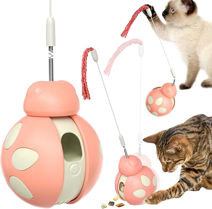 Cat Treat Interactive Toy, Indoor Puzzle Slow Feeding Mental Stimulation Sliding Rolling Cat Toy Ball with Ca-t Teaser, Cats Treat Dispenser Toy for Large, Medium and Small Cats (Pink, ladybug)-Mewly Pet