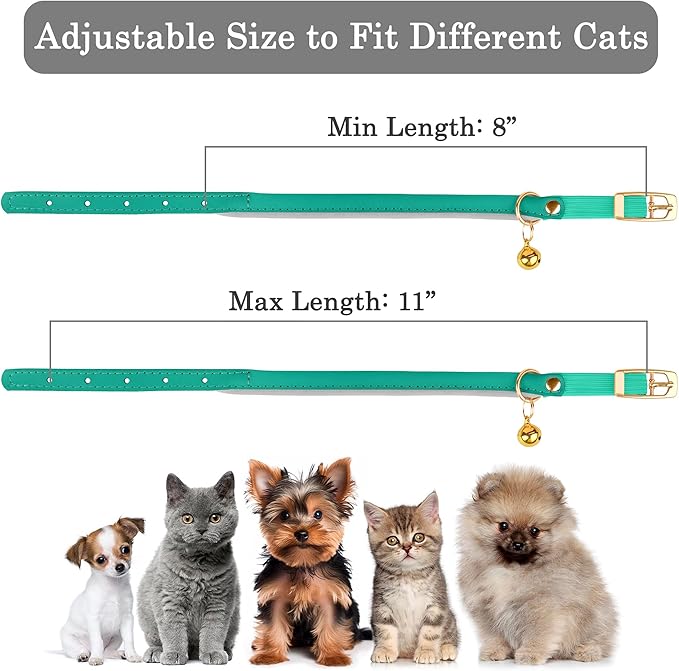 OOPSDOGGY Rolled Leather Cat Collar with Bell - Reflective Kitten Collar with Safety Elastic Strap - Adjustable Small Pet Collars for Boy Girl Cats (Teal)-Mewly Pet