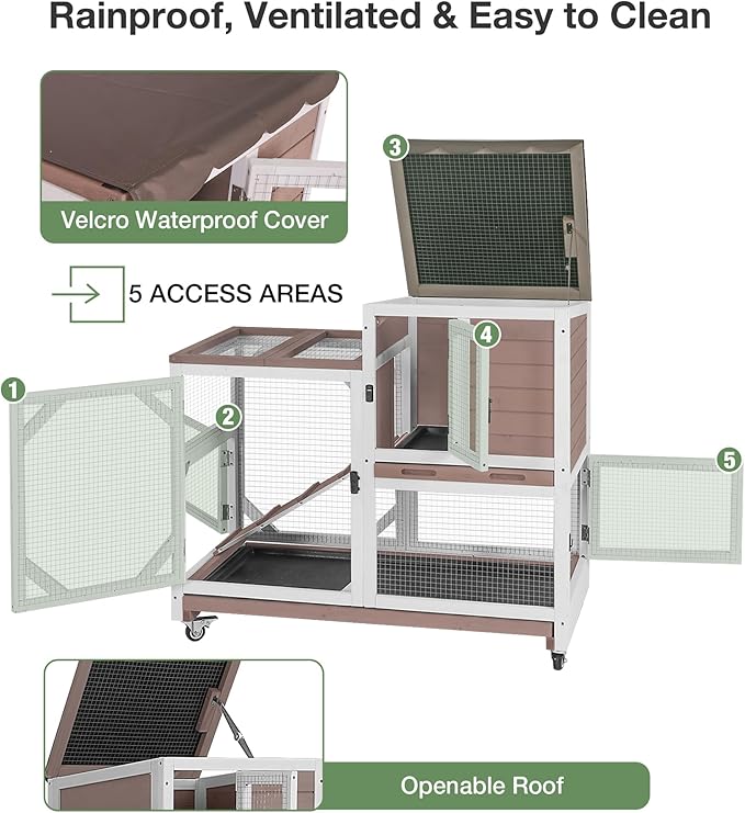 Rabbit Hutch 2-Story Wooden Bunny Cage with 2 Leak-Proof Sliding Trays, Chew-Proof Metal Mesh, Rainproof Cover, Indoor & Outdoor Guinea Pig House with Wheels - Brown-Mewly Pet