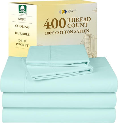 California Design Den Split King Sheets Sets for Adjustable Bed - Soft 400 Thread Count Sateen, Natural 100% Cotton Sheets with Deep Pockets, Breathable, Cooling and Durable Bedding Set - Seafoam