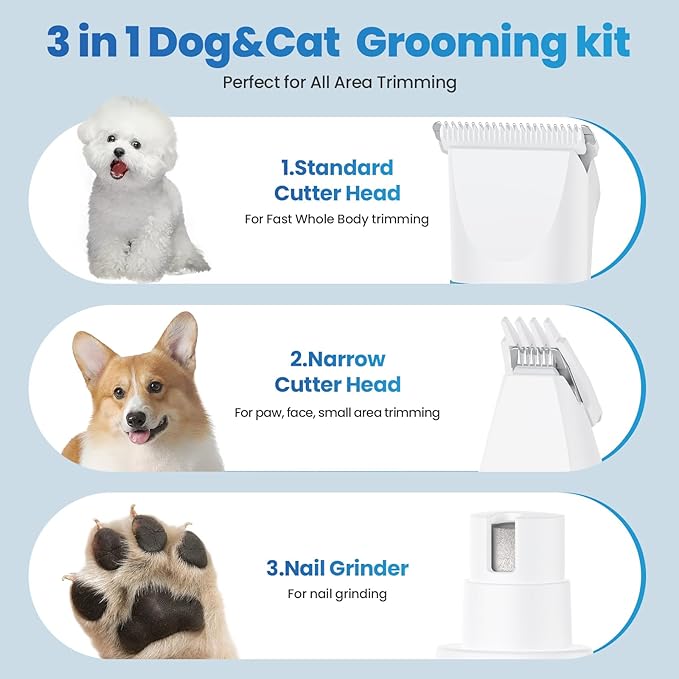 3-in-1 Dog & Cat Grooming Kit - Rechargeable Cordless Pet Hair Clippers with Nail Grinder & Paw Trimmer & 5 Guide Combs, Low Noise Dog Clippers for Grooming Small Medium Pets-Mewly Pet