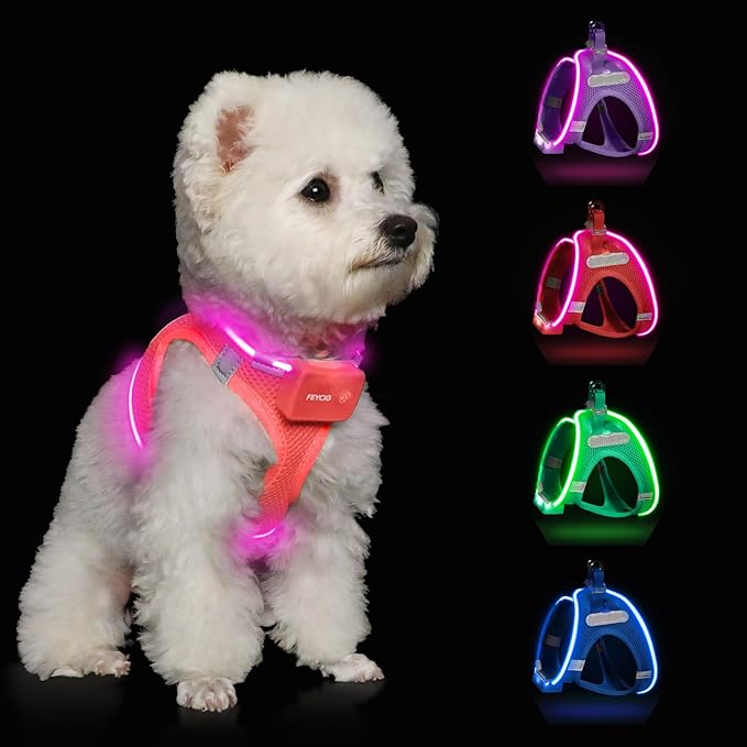 Light Up Dog Harness,Rechargeable LED Dog Harness for Small Medium Large Dogs,Reflective Lighted Safety Vest for Night Walking & Camping,Lightweight & Adjustable,Fluorescent Pink,L-Mewly Pet
