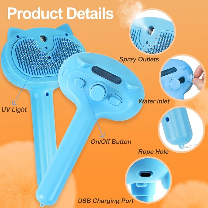 Cat Steam Brush for Shedding, 4 in 1 Steamy Cat Brush with Release Button, Self Cleaning Metal Pet Misting Hair Comb with Handle for Grooming Kitten Dog(Blue)-Mewly Pet