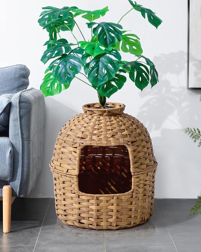 Cat Litter Box Plant Furniture Enclosure, Hidden Handwoven Rattan with Cat Litter Box and Artificial Plants, Odor Control Filter, Real Stones in Living Room, Bedroom, Corner Natural-Mewly Pet
