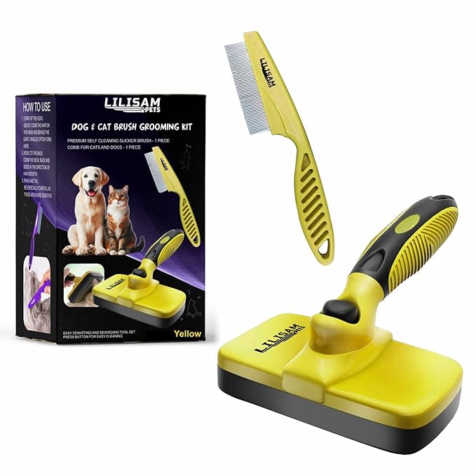 Pet Self Cleaning Slicker Brush and Grooming Comb - Gently Removes Loose Hair, Tangles, and Dirt - Skin Friendly Deshedding Grooming Tool for Hair Dogs & Cats - Pet Supplies Accessories (Yellow)-Mewly Pet