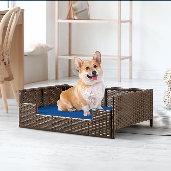 YITAHOME Rattan Dog Sofa Bed with Cushion,Wicker Pet Bed Sofa Couch Indoor Outdoor Water Unaffected for Large Medium Small Dogs Cats (24.8''L*19.7''W*9.8'',Blue)-Mewly Pet