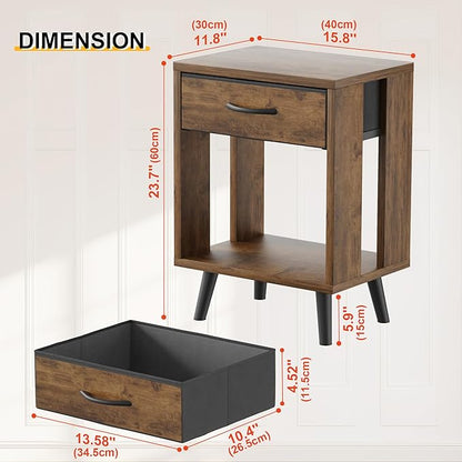 GYIIYUO Nightstand Set of 2 with Fabric Drawers and Open Shelves, Bedside Table Set - Dark Rustic Brown Bedroom Side Tables