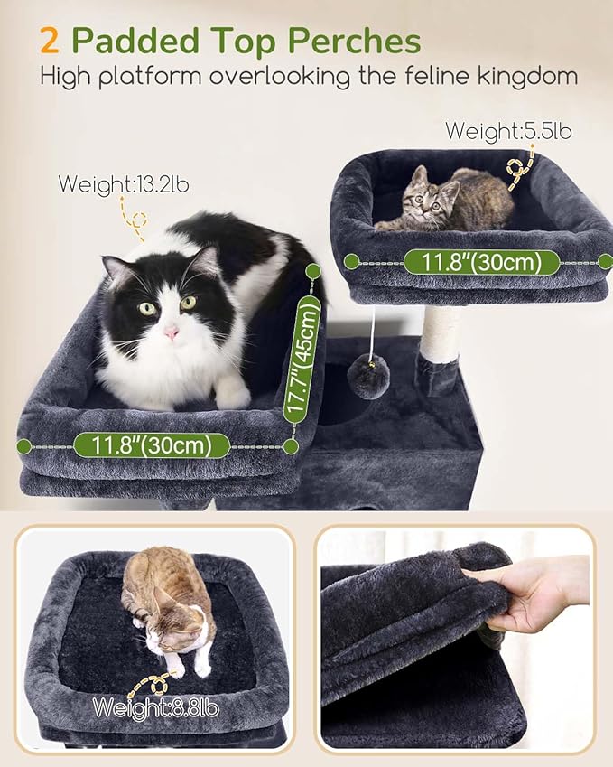 Globlazer Large Cat Tree Tower Condo, 80in Tall Cat Tree for Multiple Indoor Cats Large Adult, XXL Big Cat Climbing Tower with Cat Caves, Sisal Scratching Posts, Top Perches, Hammock, S80B, Dark Gray-Mewly Pet