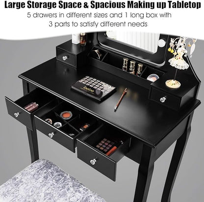 CHARMAID LED Vanity Desk with Lighted Mirror, 10 Dimming Bulbs, 5 Drawers, 3 Storage Organizers, Makeup Vanity Desk with Stool, Bedroom Dressing Table, Gift for Girls Women (Black)