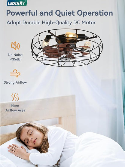 LEDIARY 23 Inch Large Caged Ceiling Fan with Light, Flush Mount Low Profile with Remote Control, Farmhouse Industrial Bladeless Fan Light for Bedroom, Kitchen, Indoor