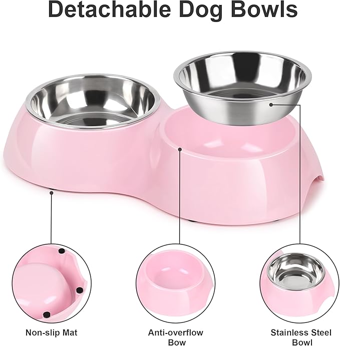 Stainless Steel Dog Bowls Set – Dual Non-Slip Pet Dishes with 2 Small (4oz*2) Bowls & Durable Resin Stand,Food & Water Feeder for Puppies, Kittens, and Small Breed Dogs– Pink-Mewly Pet