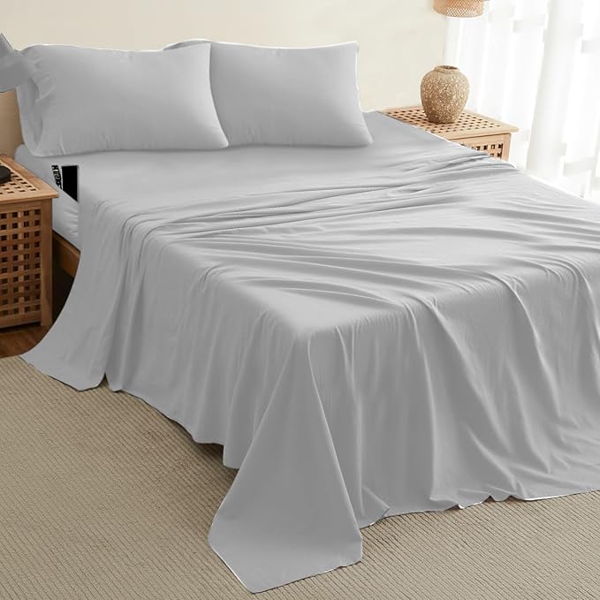 DREAMCARE California King Sheet Sets – 4 pcs Cooling Sheets – up to 21” Deep Cal King Sheets – Hotel Luxury Pillowcases – Superior Softness 100% Fine Microfiber with Side Pocket – Light Gray
