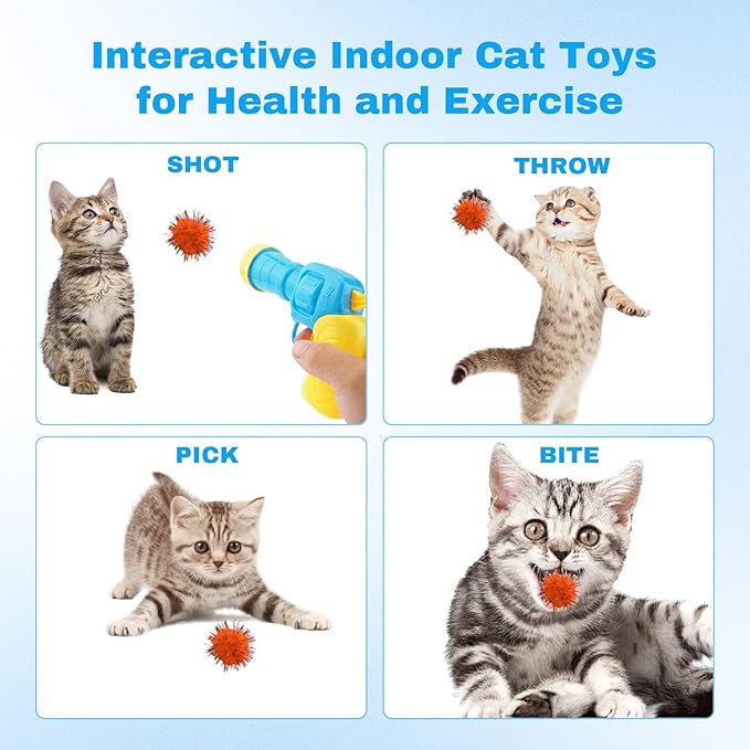102Pcs Cat Toy Gun Launcher - 100 Sparkle Pom Pom Balls and 2 Ball Launchers, Interactive Fetch Toy Shooter for Indoor Cats and Kitty-Mewly Pet