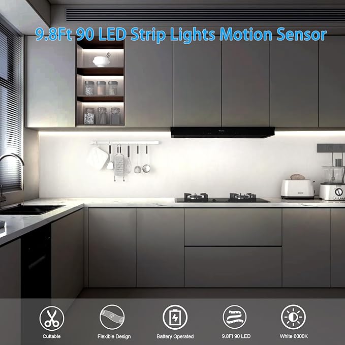 echosari Battery Operated Motion Sensor Cabinet Strip Lights, 9.8Ft 90 LED Counter Closet Strip Light, Motion & Night Sensor Safe Tape Light for Stairs Wardrobe Kitchen (Cool White)