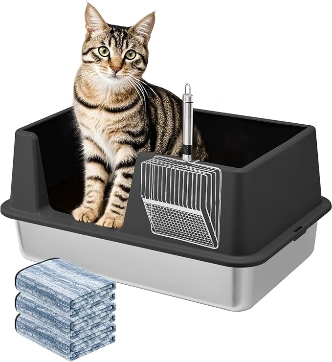 Stainless Steel Litter Box with Lid, 23.5" L x 15.8" W x 10.5" H, Large Metal Cat Box for Big Cats, High Sided Kitty Litter Box with Scoop & Pee Pads, Non-Sticky, Anti-Leakage, Easy to Clean (Black)-Mewly Pet
