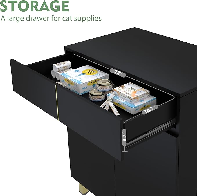 Large/Tall Litter Box Enclosure, Modern Wooden Litter Box Furniture for XL Litterbox with Drawer as Sideboard Cabinet (Black)-Mewly Pet