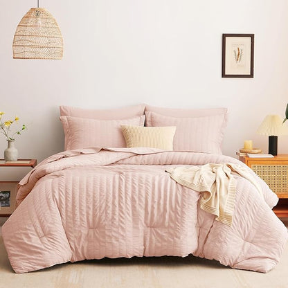 CozyLux Full Size Comforter Sets with Sheets Seersucker 7 Pieces Blush Pink Bed in a Bag Textured Luxury Soft Bedding Set with Down Alternative Comforter, Sheets, Pillowcases & Shams for All Seasons