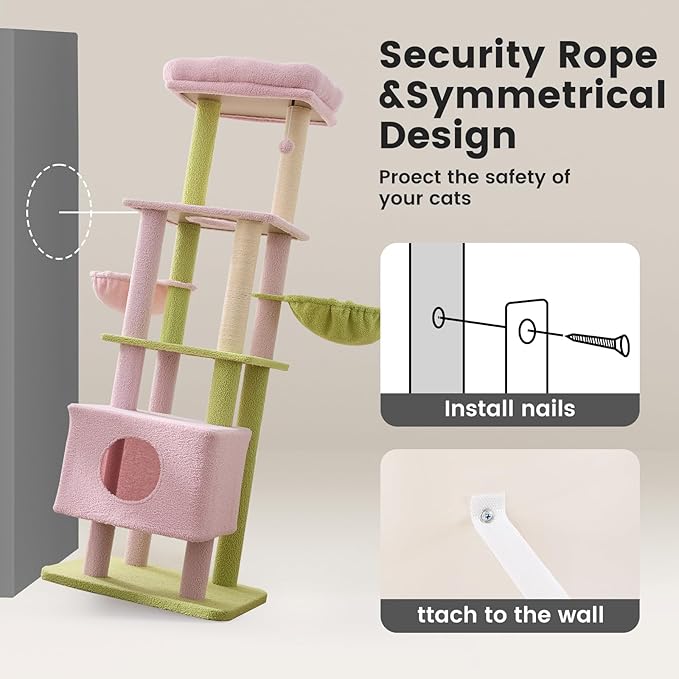 Gardner Pet 65in Heavy Duty Cat Tree Tower for Large Cats, Multi-Level Cat Furniture with Replaceable Sisal Scratching Post, Hammock | Extra-Large Platform & Condo (Pink&Green, Basic φ:2.84")-Mewly Pet