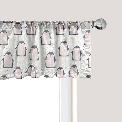 Ambesonne Penguin Window Valance Pack of 2, Pastel Colored Style Cartoon Animals from Antarctica Crowns on a Dotted Background, Rod Pocket Curtain Valances for Kitchen Bedroom, 54" X 12", Grey Pink