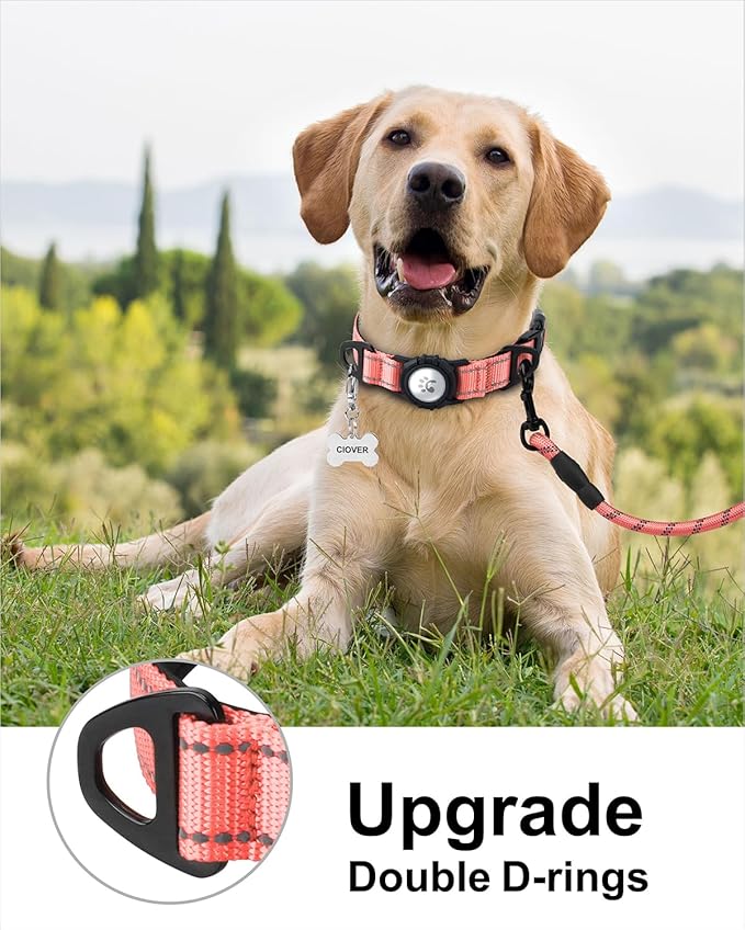 TagME Airtag Dog Collar,Waterproof Reflective Pet Collar with Airtag Holder,Soft Padded and Double D-Rings for Extra Large Dogs,Baby Pink-Mewly Pet