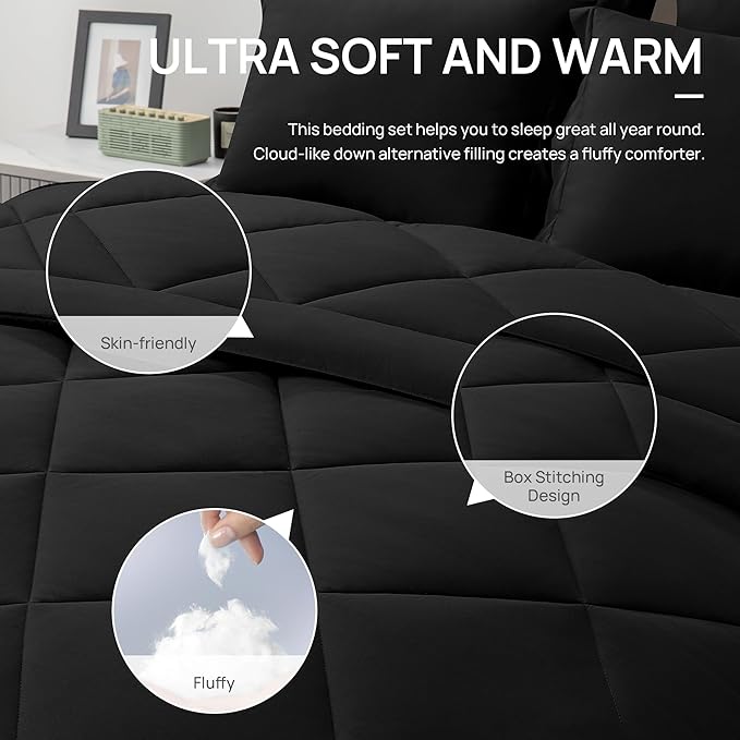 Love's cabin Twin XL Comforter Set Black, 5 Pieces Twin XL Bed in a Bag, All Season Bedding Sets with 1 Comforter, 1 Flat Sheet, 1 Fitted Sheet, 1 Pillowcase and 1 Pillow Sham