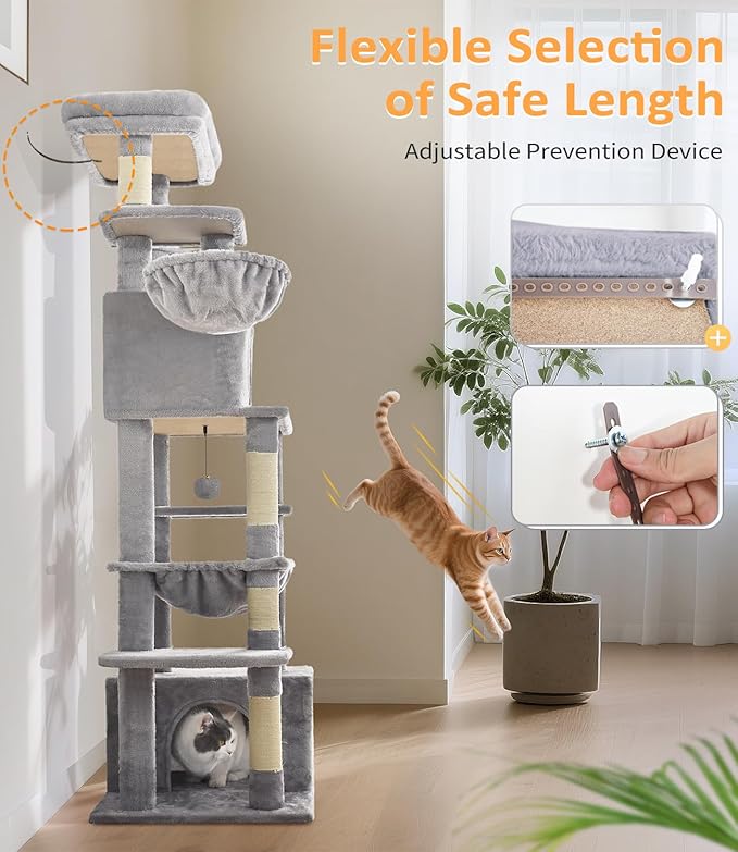 Cat Tree Large Cat Tower Tree 68" Multi-Level Cat Tower for Indoor Cats with Sisal Scratching Posts, Widen Cat Perche, Square Hammock, 2 Widen Condos, Scratching Posts, Light Grey-Mewly Pet