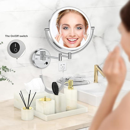 Rocollos 9" Plug-in Wall Mounted Lighted Makeup Mirror 1X/10X Magnification, Super Large Double Sided LED Vanity Mirror for Bathroom, 3 Color Dimmable 360°Swivel Extendable Shaving Cosmetic Mirror