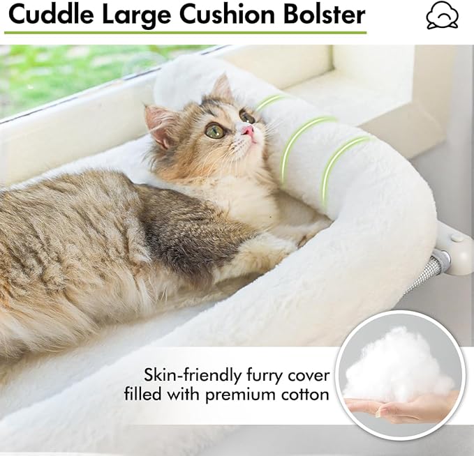 Cat Window Sill Perch with Large Bolster, Easy to Adjust & Assemble Cat Window Seat for Windowsill & Bedside, Pet Hammock Bed for Large Cats and Kittens (White, L)-Mewly Pet
