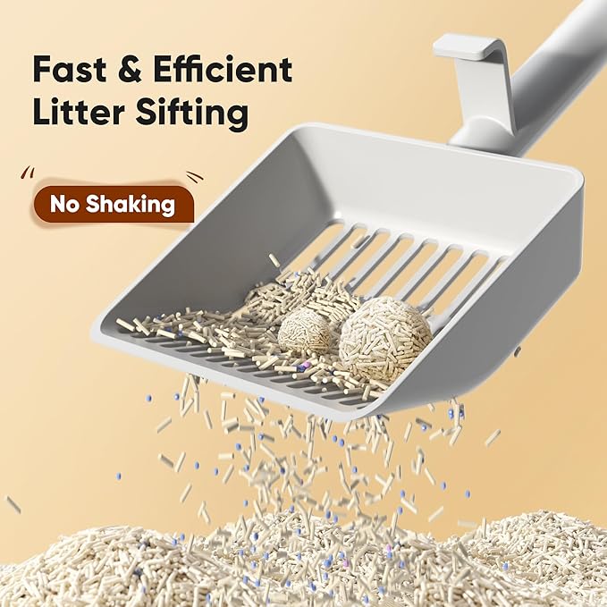 Large Cat Litter Scoop, Heavy-Duty Litter Scoop with Dual Sifting Holes for Fast & Fine Clumping, Kitty Litter Scooper with Long Handle & Easy-to-Hang Hook for Litter Box-Mewly Pet