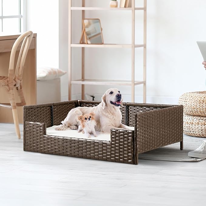 YITAHOME Rattan Dog Sofa Bed with Cushion,Wicker Pet Bed Sofa Couch Indoor Outdoor Waterproof for Large Medium Small Dogs Cats (38.6''L*26.4''W*15''H,Beige)-Mewly Pet