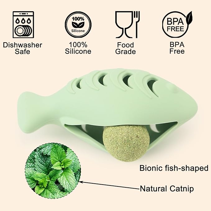 Cat Toys for Indoor Cats, Fish Shaped Chew Catnip Toys for Teeth Cleaning, Food Grade Silicone Cat Enrichment Toy, Interactive Kitten Teething Toys with 1 Cat Nip Ball, 2 Pcs-Mewly Pet