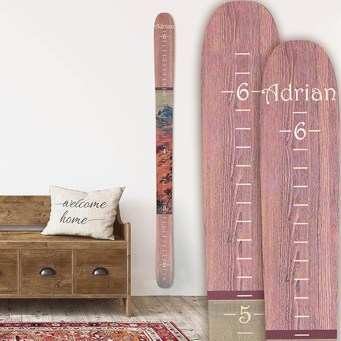 Headwaters Studio Personalized Ski Growth Chart - Wooden Growth Chart for Kids Room & Home Decor, Ski-Themed Wall Decor, Personalized Wooden Ski Ruler Maple Mountain - 58"" x 4.5""