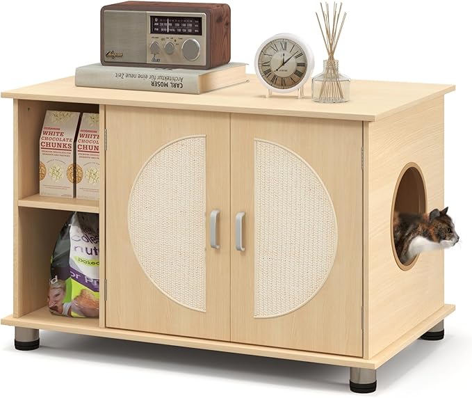 Tangkula Litter Box Enclosure, Hidden Cat Washroom with Storage Shelf, Sisal Scratching Doors, Adjustable Metal Feet, Modern Cat Litter Cabinet Storage Bench, Enclosed Litter Box Furniture (Natural)-Mewly Pet