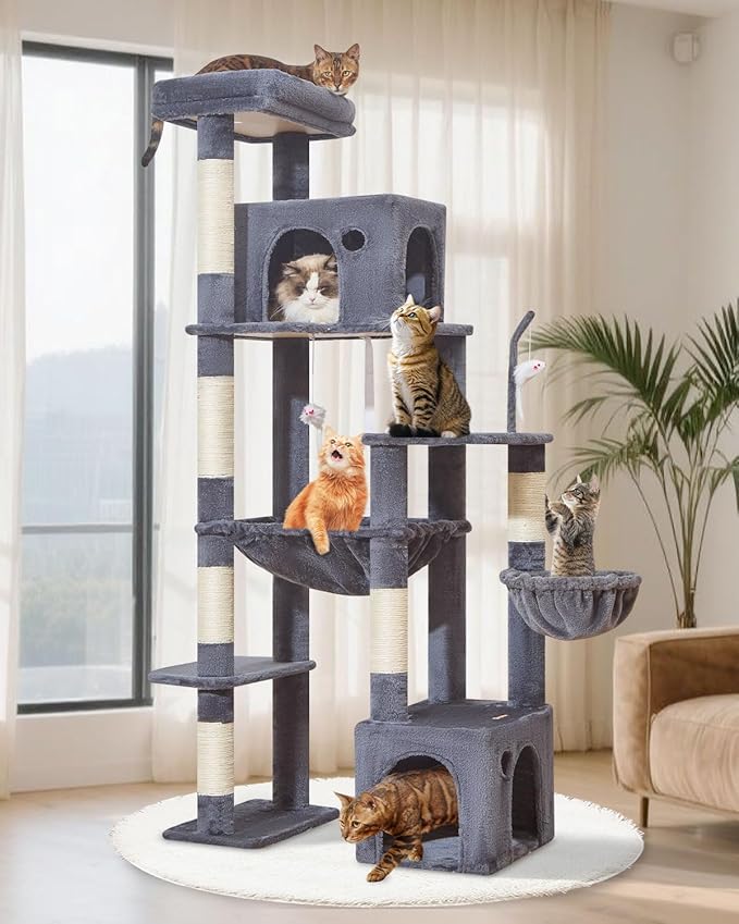 Taoqimiao Heavy Duty Cat Tree for Large Cats 20lbs+, 71 Inches Tall Cat Tower, 2 Cat Condo with 6 Scratching Posts, Super Large Hammcock, Cat Toys, Cozy Basket, Smoky Gray, MS037G-Mewly Pet