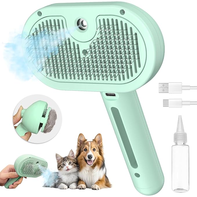 Cat Steam Brush for Shedding, 3 In 1 Steam Pet Brush Self Cleaning, Dog Brush for Long and Short Hair Dogs and Cats, Pet Grooming Comb Remove Tangled Loose Hair, Type-C Fast Charging (Green)-Mewly Pet
