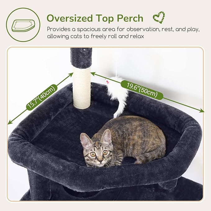 Globlazer Large Cat Tree Tower, Tall Cat Tree Condos for Indoor Cats Large Adult Cat Climbing Tower with 2 Spacious Caves, Oversized Top Perch, Big Hanging Basket, Cat Teaser Wand, F74B, Dark Grey-Mewly Pet