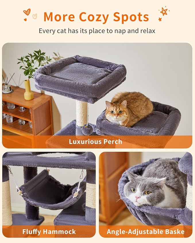 Taoqimiao Cat Tree, 71-Inch Cat Tree Cat Tower for Indoor Cats, Plush Multi-Level Cat Condo with 10 Scratching Posts, 2 Perches,Basket, 2 Caves,Hammock, 2 Pompoms,MS020G Beige Smoky Gray-Mewly Pet
