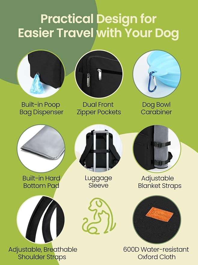 Dog Travel Bag, 25L Airline Approved Dog Travel Backpack for Pet Travel Accessories with 2 Food Storage Containers, 2 Foldable Bowls for Short Trips, Black-Mewly Pet