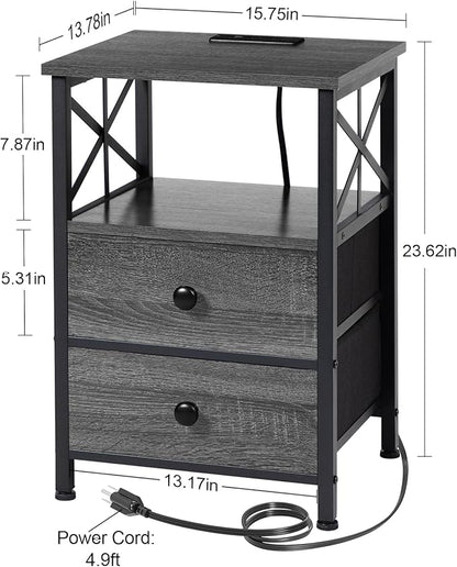 AMHANCIBLE Night Stand Set 2, Nightstand with Charging Station, End Tables Living Room with USB Ports and Outlets, Bedside Tables with Fabric Drawers for Bedroom, Dark Grey HET05XDG