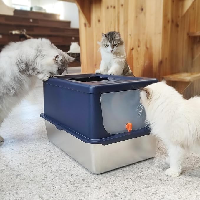 Litter Box with Lid, Stainless Steel Litter Box XL, 14" H Metal Cat Box with High Sides Wall Enclosure, Cat Pan, Non-Sticky, Easy Clean, Anti-Leakage, Blue-Mewly Pet