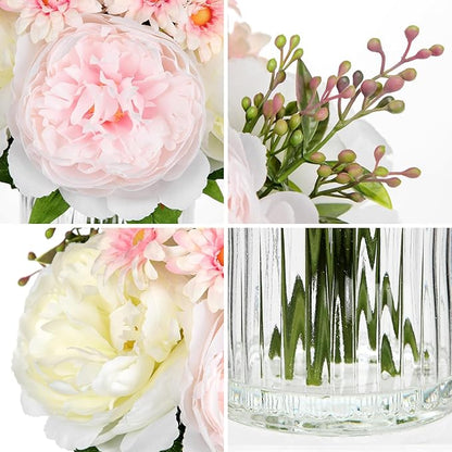 DILATATA Artificial Flowers in Vase Pink Silk Peony & Daisy Faux Floral Arrangements for Table Centerpieces, Home Office Kitchen Bathroom Decor, Spring Fake Flower Arrangement