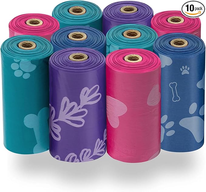 Best Pet Supplies Dog Poop Bags for Waste (150 Bags) Refuse Cleanup, Doggy Roll Replacements for Outdoor Puppy Walking and Travel, Leak Proof and Tear Resistant, Thick Plastic - Assorted Colors-Mewly Pet
