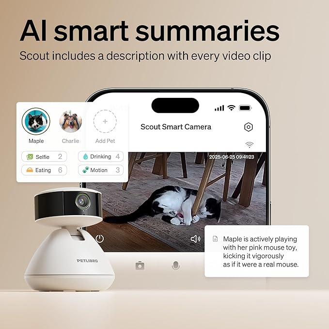 PETLIBRO AI Dog Camera Pet Camera Indoor with Phone App [Multi-Pet Recognition, Daily Activity Analysis & Smart Summaries] Cat Cam 360° View, 1080P Dog Cam Night Vision, 2-Way Audio WiFi Cam-Mewly Pet