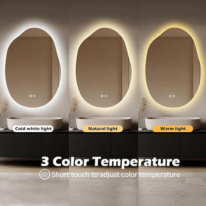 LED Light Bathroom Mirror 22x32, Stepless Dimmable Irregular Backlit Mirror with 3 Colors, Anti-Fog, Memory, Al-Alloy Lampshade, Frameless Makeup Mirror for Bathroom (Horizontal/Vertical)
