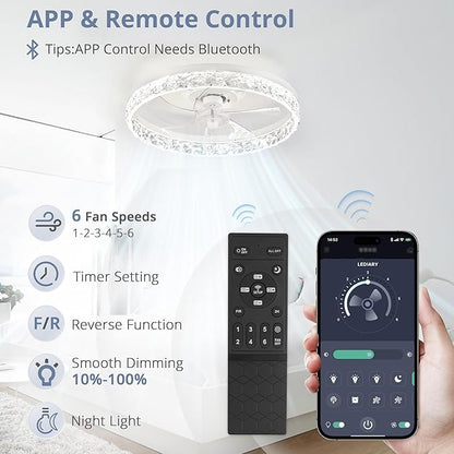 LEDIARY 20" Modern Ceiling Fans with Lights and Remote, Dimmable Low Profile Ceiling Fan, Flush Mount Ceiling Fan, Stepless Color Temperature Change and 6 Speeds - White