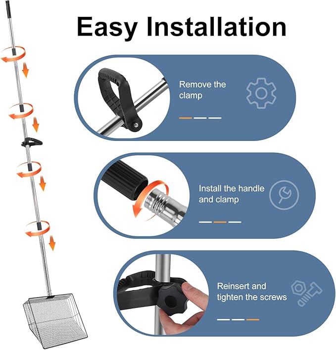 15inch Large Chicken Poop Scooper with Ergonomic Grip, 5 in 1 Adjustable Chicken Coop Pooper Shovel (24 to 76.5"), Stainless Steel Litter Sifting Shovel Scoop for Chicken Coop/Goat Stall/Stable-Mewly Pet