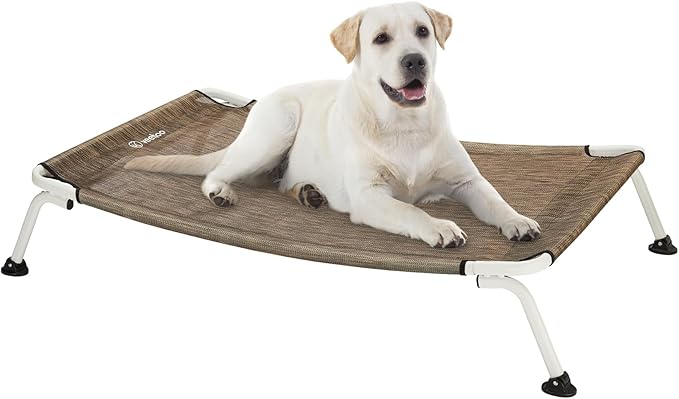 Veehoo Elevated Dog Bed for Outdoor, Cooling Waterproof Raised Dog Cots Beds for Large Dogs, Curved Off Ground Pet Hammock Cot Lifted for Outside, up to 85lbs, White Legs, Brown 42"-Mewly Pet