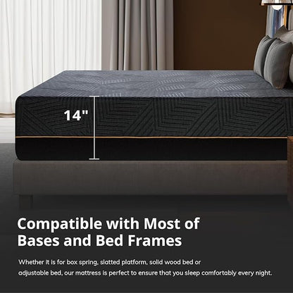 EGOHOME 14 inch Firm Queen Mattress, Memory Foam Mattress with Cooling Cover, Bed in a Box, CertiPUR-US Certified, Breathable and Supportive, Made in USA, 60''x80''x14'' Black